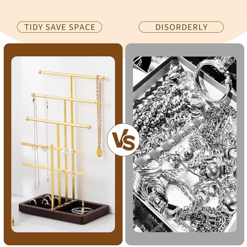 modern T-shaped jewelry rack, jewelry tower, gold metal, square ceramic base decoration display tower, necklace, bracelet, ring storage rack (3-layer wooden pallet black) - style: 3-layer wooden pallet black