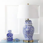 JONATHAN Y 29.5" Blue/White Ceramic Table Lamp for Living Room and Office, White Linen Drum Shade, Traditional Chinoiserie Ginger Jar Lamp, LED Bulb Included JYL3008A - color: Blue/White