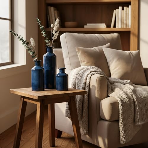 Mowtanco Blue Ceramic Vase Set of 3 Small Vases, Modern Farmhouse for Home Decor Bottles, Rustic Terracotta Vase Decorative Vases for Table,Fireplaces Decor, Bookshelf, Living Room