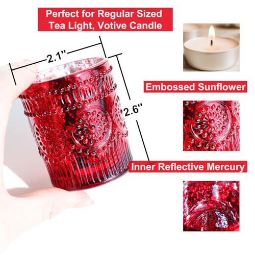 VOHO Red Mercury Glass Candle Holder Set of 12, Boho Sunflower Red Votive Candle Holders for Table Centerpiece, Festive Tealight Candle Holder for Christmas, Thanksgiving, Valentines Day Decorations - color: Red
