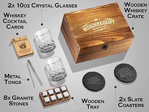 Mixology & Craft Whiskey Glasses Gift Set for Men 13-Piece with Pack of 2 Diamond Cut Glasses w/ 8 Granite Chilling Stones, 2 Coasters, Tongs & Cocktail Recipe Book in Wooden Crate - size: Light Latch Crate