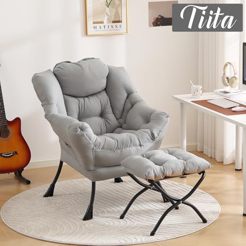 Tiita Lazy Chair with Ottoman, Light Grey Modern Large Accent Chair, Comfy Leisure Sofa Armchair with Ottoman, Reading Chair with Footrest for Bedroom, Living Room, Dorm Rooms, Peach Light Grey - color: Peach Skin Light Grey