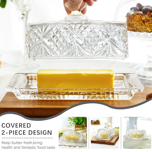 Crystal Covered Butter Dish,8inch Classic Glass 2-Piece Design Butter Keeper with Lid | Butter Holder | Dishwasher Safe - size: 8inch