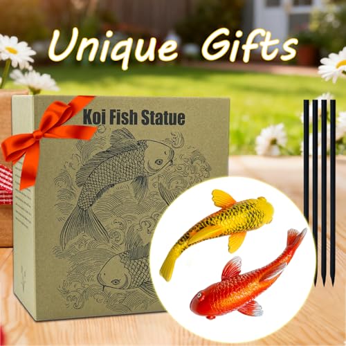 Set of 2 Koi Fish Garden Stakes, Red & Gold Resin Sculptures, Weatherproof Outdoor Patio Pond Decor, Feng Shui Yard Art, Easy Setup Gift(B&Y) - color: B&y