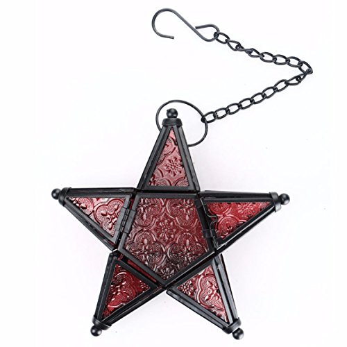 Morocco Metal Star Glass Lantern Wall Hanging Candle Holder for Decorative Wedding Party Home Decoration Birthday Party (Red) - color: Red