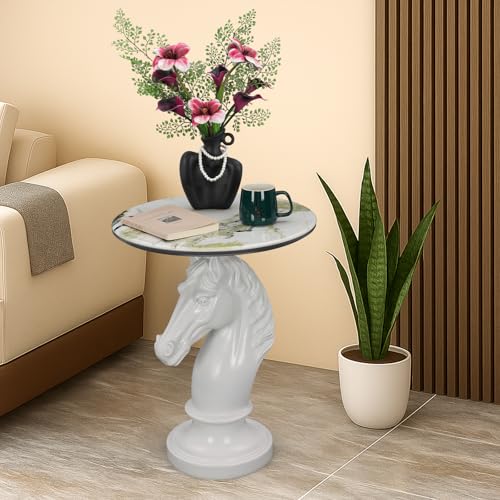 White Horse Side Table - End Table with Faux Marble Top Unique Horse Statue Decor for Living Room Bedroom Entryway Elegant Animal Sculpture Unique Horse Lover Gifts - color: White Horse Base
