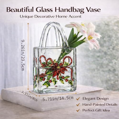 Glass Wallet Vase, Hand Painted Embossed Tote Bag with Handle, Thick Clear Glass Vase for Centerpiece, Fish Tank, Cute Home Decor Gift (Red Flower Pattern) - color: White Red Flowers