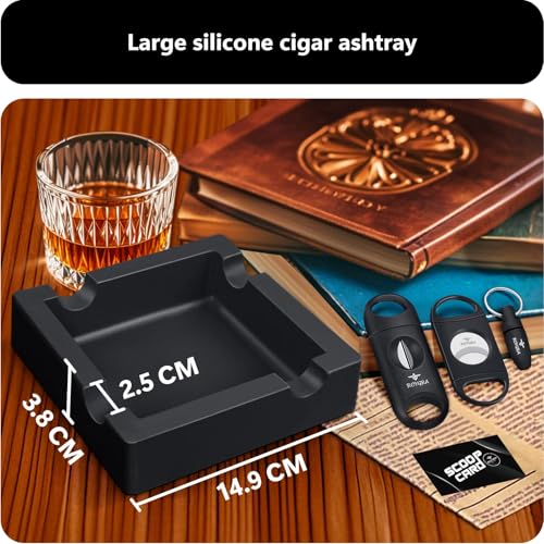 roygra Outdoor Ashtray, Ash Tray Outdoors, Cigar Ashtray for Outside Patio with 3 Cutter, Silicone Ashtrays for Outdoors with 4 Holder, Cigars Smoking Accessories for Men, Home Décor Smokers Indoor - color: Black