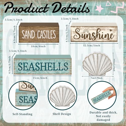 Yuntau 4 Pcs Summer Decorations for Home Shells Wooden Tabletop Decor Summer Tiered Tray Decor Rustic Wood Block Sign Gift Centerpiece Farmhouse Table for Shelf Office - style: Shells