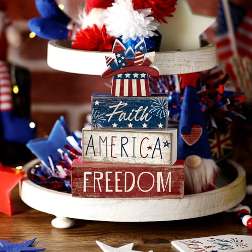 CroBlissful 4 Pcs 4th of July Decorations Patriotic Memorial Day Tabletop Decorations Red White Blue Table Centerpieces Sign for Office Tiered Tray Home Shelf 250th Anniversary(Independence Day Hat) - style: Independence Day Hat