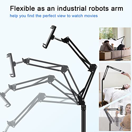 Tablet Floor Stand with Double Weight Base,Overhead Bed Phone Stand Height Adjustable/ Arm Stretchable Tablet Holder, Compatible with 4.5''-13'' iPhone, iPad, Galaxy Tab, Kindle, or Other Phones