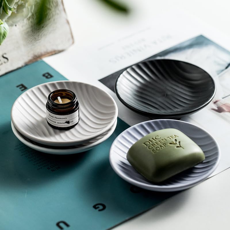 Chic Round Soap Dish, Modern Minimalist Striped Design Ceramic Tray(Purple) - color: Purple