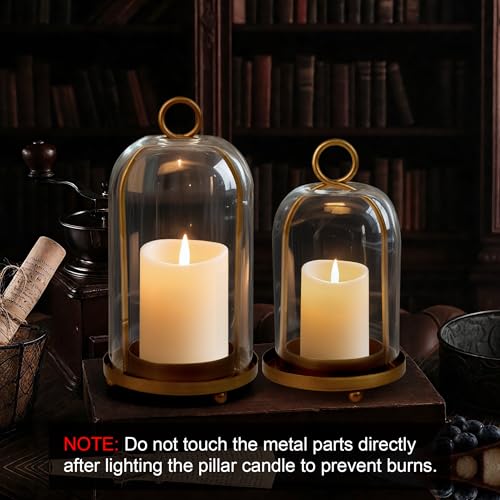 Glass Hurricane Candle Holder Decorative Gold Candle Lantern, Pillar Candlestick Holders Set of 2, Hanging Metal Holder Modern Table Centerpieces, Antique Brass - color: Gold