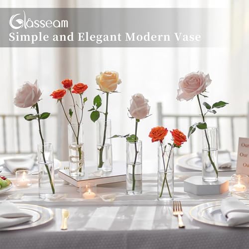 Cylinder Bud Vases in Bulk 24: Glasseam Small Clear Glass Vases for Centerpieces Wedding Table Decor Modern 5.9In Flower Vase Set for Single Stem Roses Tulips