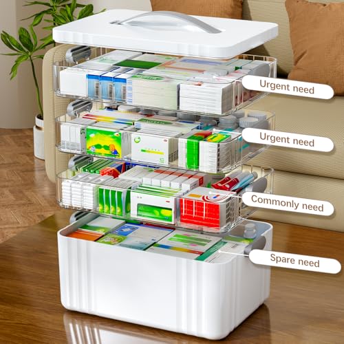 ARSTPEOE 4-Tier Medicine Organizer - Portable Medicine Cabinet with Plastic Handle, Multipurpose Medical Box, Empty First Aid Kit for Home - size: Extra Large 4 Tier