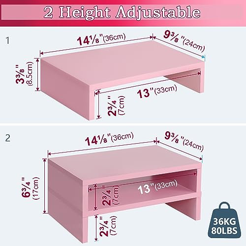 TEAMIX Pink Monitor Stand Riser-2 Pack,Wood 2 Tier Adjustable Monitor Stand Dual Monitor Riser for 2 Monitors/Laptop/PC Computer Stand for Desk - color: Pink