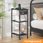 Asgolion Tall Nightstand with Charging Station, 3 Tier Narrow Tall End Table with Storage, Slim Side Table with USB Ports and Outlets for Bedroom, Living Room, Office, Black - color: Black, style: With Outlet