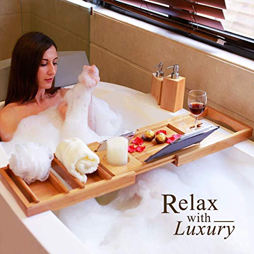 Domax Bathtub Caddy Tray Expandable Bamboo Tub Tray for Luxury Bath with Book Holder and Free Soap Dish Yellow - color: Yellow