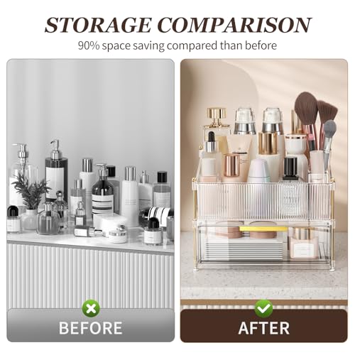 INVSSENE Stackable Makeup Organizer Countertop, Storage Perfume Skincare Cosmetic Lipstick Face Mask Makeup Brush Palettes, Ideal for Vanity Bathroom Counter - color: 3514 Clear