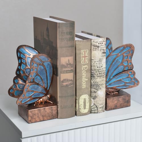 Vintage Blue Butterfly Bookends,Resin Book Ends for Shelves,Heavy Duty Decorative Bookends,Creative Book Stopper Holder Decor for Desk Home Office,Shelf Decoration,Gifts for Mother's Day - color: Blue Bronze