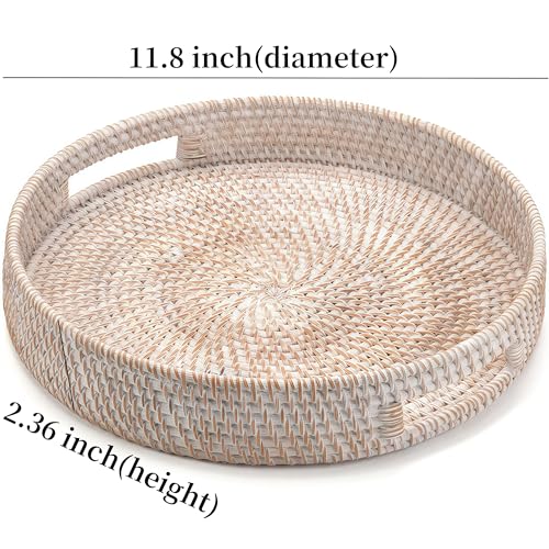 11.8" Round Rattan Tray, Hand Woven Serving Tray with Handles, Wicker Serving Basket, Decorative Tray for Home Decor, Whitewash - color: Whitewash, size: 11.8"