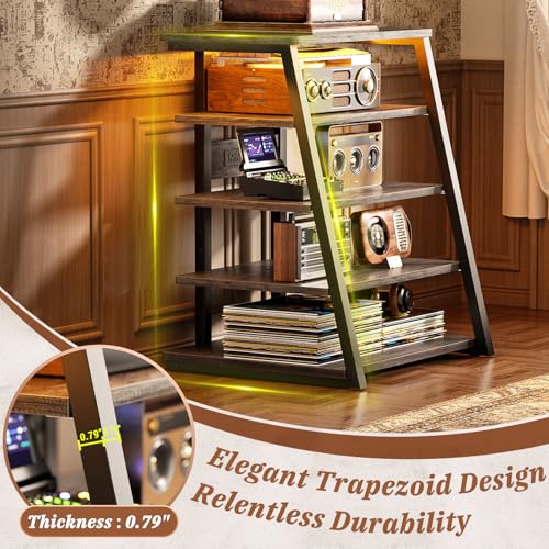 Armocity 5-Tier AV Media Stand with Power Strips, Media Console with LED Lights, Audio Tower Rack with Adjustable Shelves, Stereo Stands and Racks, 40.8'', Grey Oak - color: Grey Oak, size: 40" (H)
