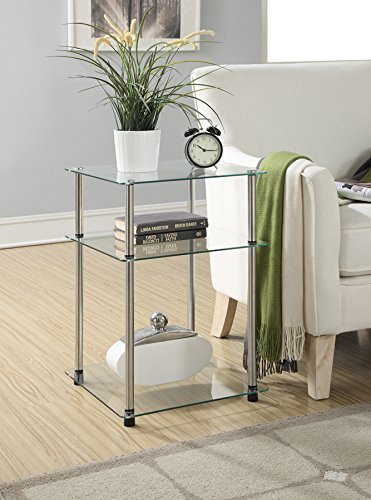 Convenience Concepts Designs2Go Classic Glass 3-Tier End Table 23.75" - Modern Stainless Steel Display with Storage Shelves for Living & Family Room, Bedroom, Bathroom, Office, Glass/Chrome