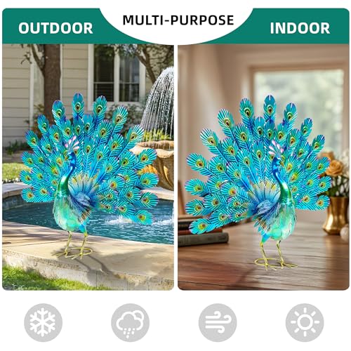 27.5" Metal Peacock Garden Statue with Tail Spread, Handmade 3D Textured Peacock Garden Sculptures Metal Yard Art for Patio, Garden or Entryway - color: 27.5"h-glossy Green Peacock