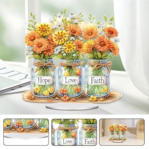 5D Tabletop Diamond Art Kit for Adults, DIY Diamond Art Painting Kit Stand Up Special Shaped Crystal Desktop Ornament, Box Package - Flowers in Bottle - color: Flowers in Bottle