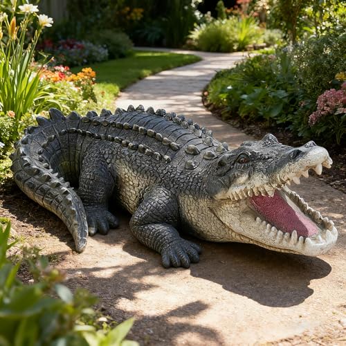 Teaeeno Garden Alligator Outdoor Decor,Crocodile Sculpture for Stuff Pond Decor,Florida Alligator Sculpture for Yard Art,Realistic Wild Animal,Reptile Figure,Florida Alligator,Perfect for Man - color: Black
