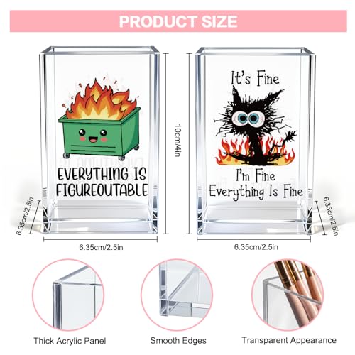 Funny Black Cat 2 Pack Acrylic Cosmetic Pencil Pen Holder Cup, Emotional Dumpster Fire Pencil Pen Holder Cup, Cat Lover Gift for Women, Office Sarcastic Gifts for Women Men Colleague - style: Everything Fine 2