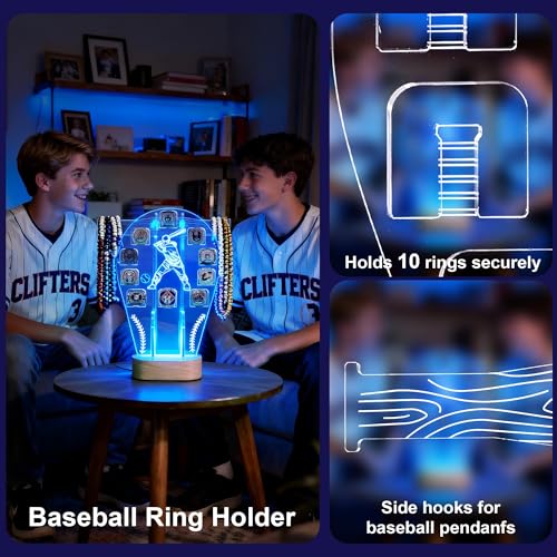 Loscarol Championship Ring Display Case, 10 Slots Baseball Ring Holder Case with LED Light, Acrylic Championship Ring Display Stand for Collection Sports Champion Rings