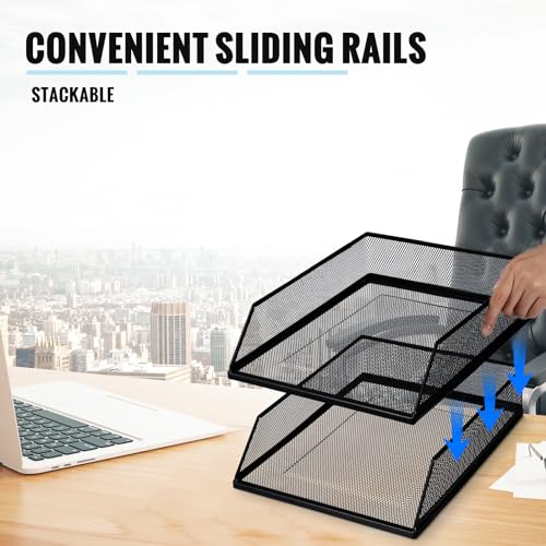 Hicarer 4 Pcs Black Metal Letter Tray Stackable Desk Tray Single Wire Mesh Organizer Front Load File Paper Holder for Desktop Office Home School Classroom (12.8 x 9.84 Inch) - size: 12.8 x 9.84 Inch
