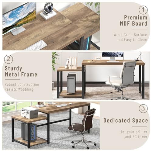 FOLUBAN 63 Inch Large Computer Desk with Printer Space & PC Tower Stand, Modern Wood Home Office Desk Workstation with Storage Shelves, Writing Study Gaming Table, Rustic Oak - color: Oak