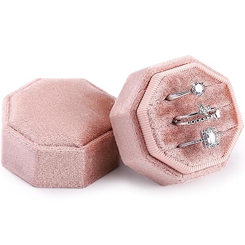WantGor Velvet Ring Box, 3 Slots Jewelry Ring Gift Box Vintage Ring Display Holder Case for Wedding Ceremony Proposal Engagement (Blush Peach) - color: Blush Peach
