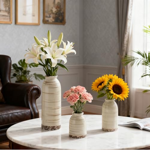 Rustic Ceramic Vase Set of 3 - Beige Rustic Vases for Flowers,Farmhouse Flower Vases for Home Decor,Small Decorative Vase Set for Living Room,Table Shelf,Centerpieces and Fireplace Decorations - color: Beige, size: Set of 3 (8.54 IN, 5.82 IN, 3.93 IN)