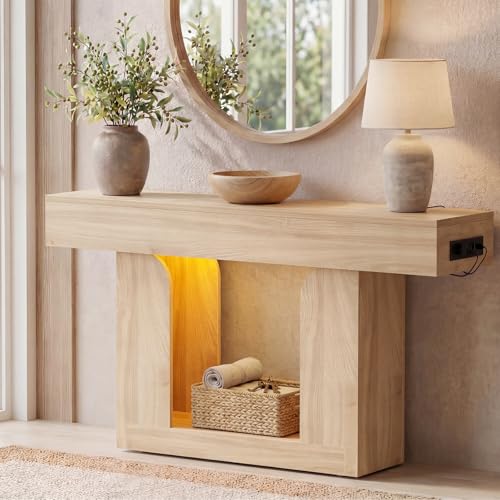 Homieasy Console Table, 47" Entryway Table with LED Lights & Charging Station, Farmhouse Wooden Sofa Table Behind Couch, Narrow Hallway Table for Living Room, Foyer, Entry, Natural Oak - color: Natural Oak, size: 47.2"