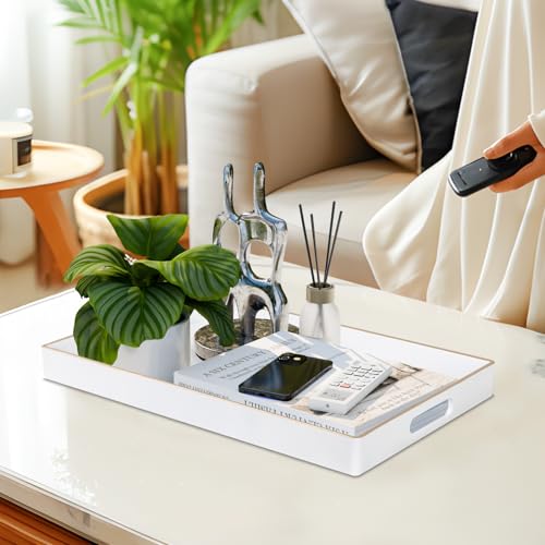 MAONAME White Decorative Tray for Coffee Table, Modern Serving Tray with Handles, Plastic Rectangular Tea Trays for Ottoman, Bathroom Decor, 15.8” X 10.2” x 1.4" - color: White, size: 15.8" x 10.2" x 1.4"