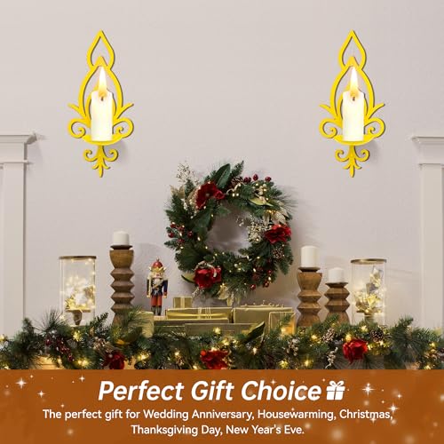 Wall Candle Sconces Set of 2, Vintage Flower-Shaped Metal Candle Holders for Pillar, Tealight, and LED Candles, Rustic Decorative Wall Decor for Living Room Dining Room (Golden Yellow) - color: Golden Yellow Flower-shaped