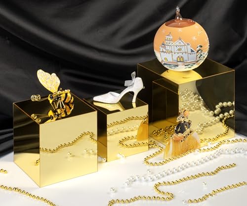 Red Co. Set of 3 Glossy Gold Acrylic Cube Display Nesting Riser Stands with Hollow Bottoms - color: Gold, size: 4",5",6" - 1 pack
