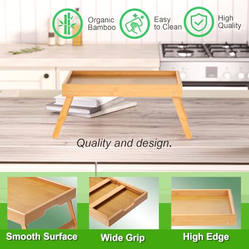 Fibogollo 4 Pack Bamboo Bed Tray Table with Folding Legs,Breakfast Trays,Serving Tray for Food and Snack,Laptop Trays for Working(Natural) - color: Natural, size: 4 PC