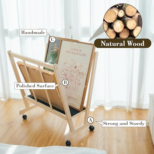 GENMOUS Wood Large Print Rack with Castors - Artist Display and Storage Rack,Natural Wooden Storage & Crafts Drying Racks for Canvas,Artwork,Prints,Panels,Posters,Art Shows & Galleries Display Stands - size: Wood-1Layer