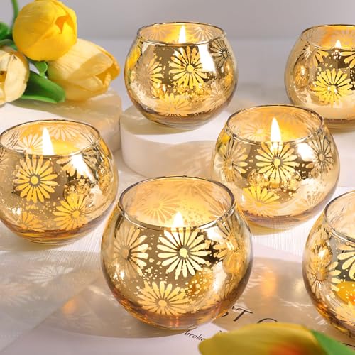 Gold Mercury Glass Votive Candle Holders Set of 12, Round Tealight Candle Holders Bulk for Table Centerpieces, Weddings, Shower Gifts, Christmas, Halloween Party Decorations - color: Gold