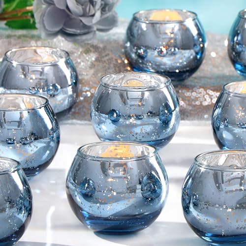 LAMORGIFT 12 Pcs Blue Votive Candle Holders- Blue Centerpieces for Tables, Round Mercury Glass Candle Holder for Bridal Shower Decorations, Wedding Decor - color: Blue