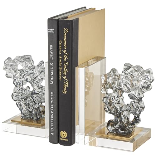 Deco 79 Glass Handmade Decorative Bookends Freeform Non Skid Bookends with Clear Gold Supports, Set of 2 Office Bookends5 W, 6" H, Clear - size: 5"W, 6"H