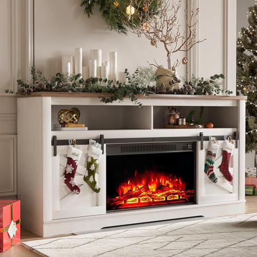 YESHOMY Fireplace TV Stand for Television up to 65+ Inch with Storage and Farmhouse Sliding Barn Doors, Entertainment Center with Cabinet and Shelves, Media Console for Living Room, White - color: White, style: Sliding Barn Doors Fireplace TV Stand