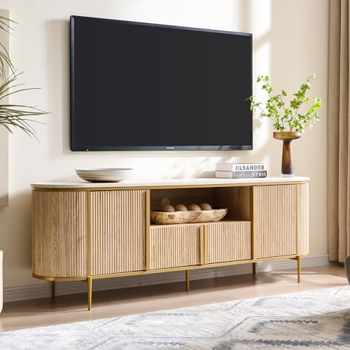 OKD Luxury 70" Fluted TV Stand, Modern Chic Entertainment Center for TVs Up to 80 inches, TV Console with Faux Marble Top, Curved Profile Design, Media Console for Living Room, Natural Oak - color: Natural Oak, size: 70" TV Stand without Fireplace