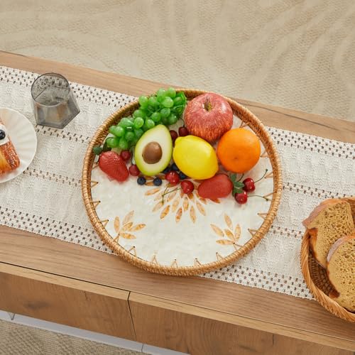 Shellac Rattan Tray with Mother of Pearl Inlay, Round Decorative Serving Tray for Home Décor Coffee Table Storage and Display, 100% Natural Materials - Orange 13.5" - color: Orange, size: 13.5"