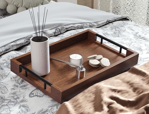 Fibogollo Bamboo Serving Tray with Metal Handles,15x10in Ottoman Decorative Trays Platter for Coffee Table,Living Room,Bar,Party,Medium(Brown) - style: Brown-Medium