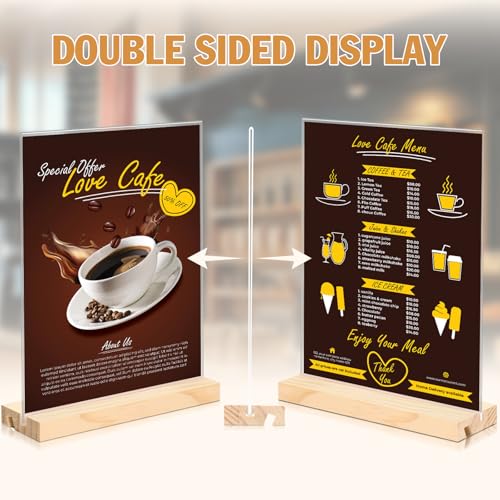 xydstay 6pack 8.5x11 Acrylic Sign Holder with Wood Base for Picture Frames,L/T Shape Double Slot Design for Vertical or Slant Back Display, for Restaurant, Office, School, Store and Home Use - size: 6 pack